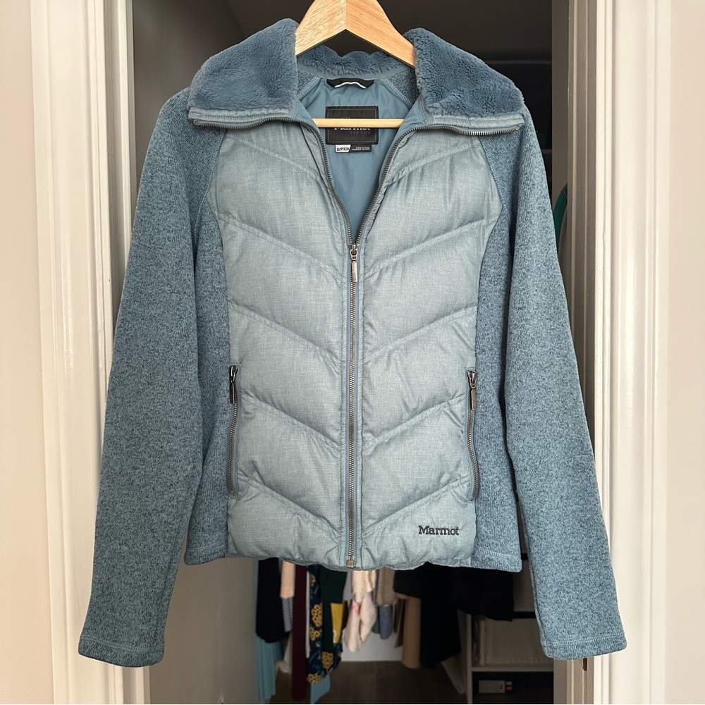 Marmot "Thea" Down and Sweater/Knit Fleece Insulated Jacket, Size S, Blue - Picture 2 of 7